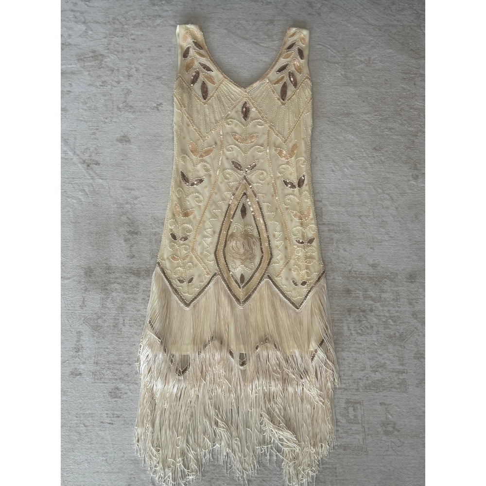 Champagne Sequin Beaded Flapper Dress Great Gatsby 1920s Fringe Cocktail Dress